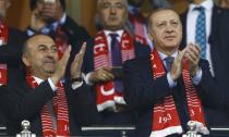 Football Soccer - Turkey v Finland - 2018 World Cup Qualifying European Zone - Antalya arena, Antalya, Turkey - 24/3/17 Turkey's President Tayyip Erdogan and Foreign Minister Mevlut Cavusoglu react after Turkey's win. REUTERS/Murad Sezer