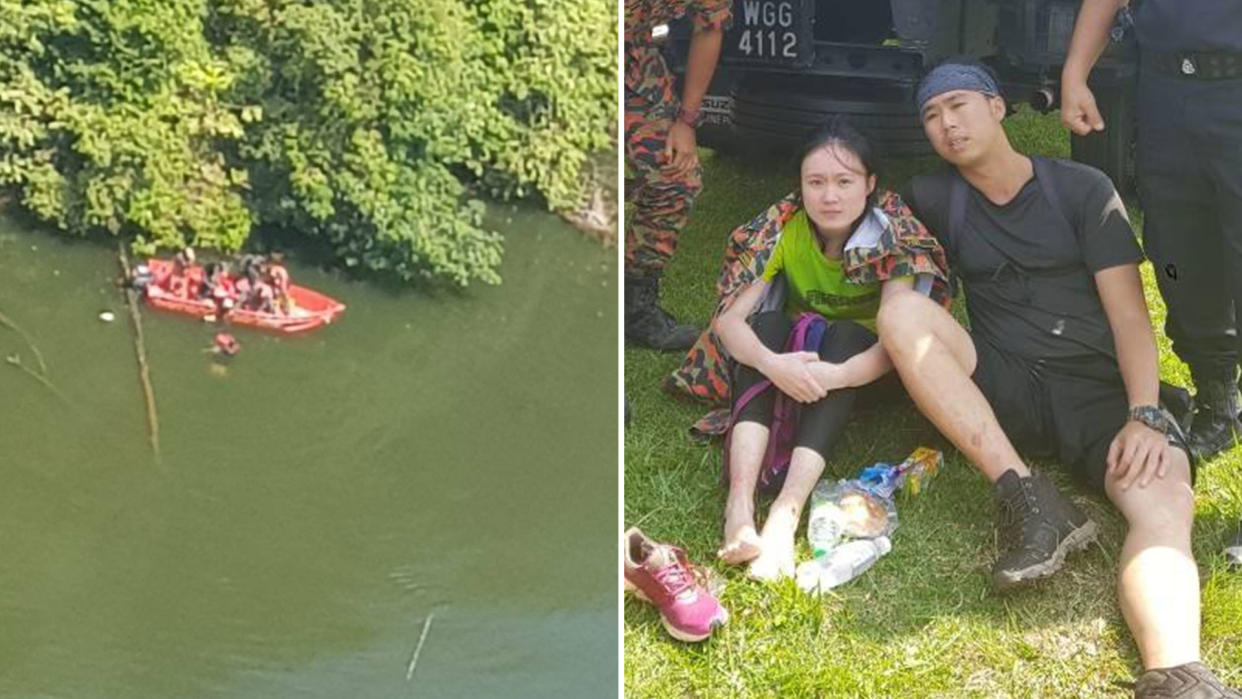 Singaporeans Lum Jie and Dominick Tan Chang Xiang were pulled out of the water in the Gunung Pulai area by search and rescue personnel. (PHOTOS: Facebook / Polis Johor)