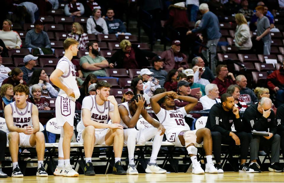 The Missouri State Bears bench reacts as the Indiana State Sycamores win the game at Great Southern Bank Arena on Saturday, Feb. 10, 2024.