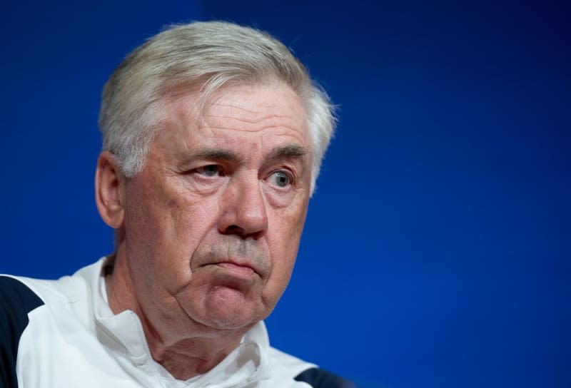 Real Madrid coach Carlo Ancelotti attends a press conference at the Allianz Arena ahead of Tuesday's UEFA Champions League semi final soccer match against Bayern Muich. Sven Hoppe/dpa