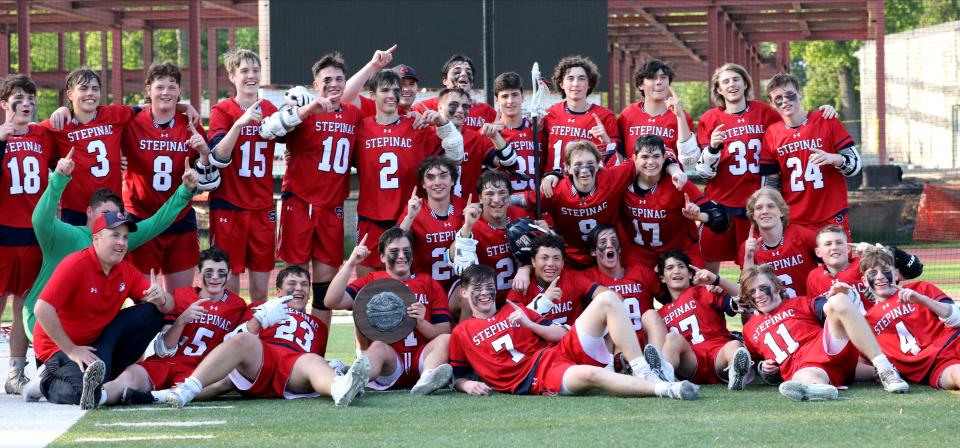 Archbishop Stepinac celebrates their 6-5 win over Iona Prep during the CHSAA NY AA Championship lacrosse game at Iona Prep, May 19, 2022. 