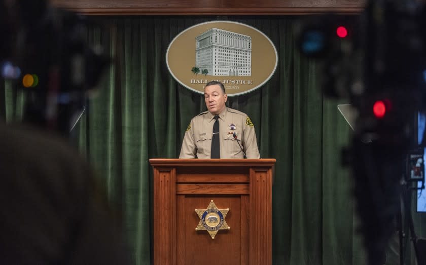 Los Angeles County Sheriff Alex Villanueva briefs the media about the latest safety precautions the department is taking regarding COVID-19 at the Hall of Justice in Los Angeles on Monday, March 16, 2020. ( Photo by Nick Agro / For The Times)