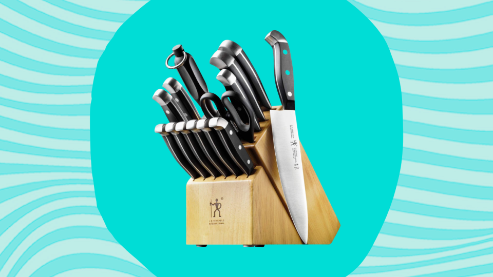 the Henckels knife set against a teal background