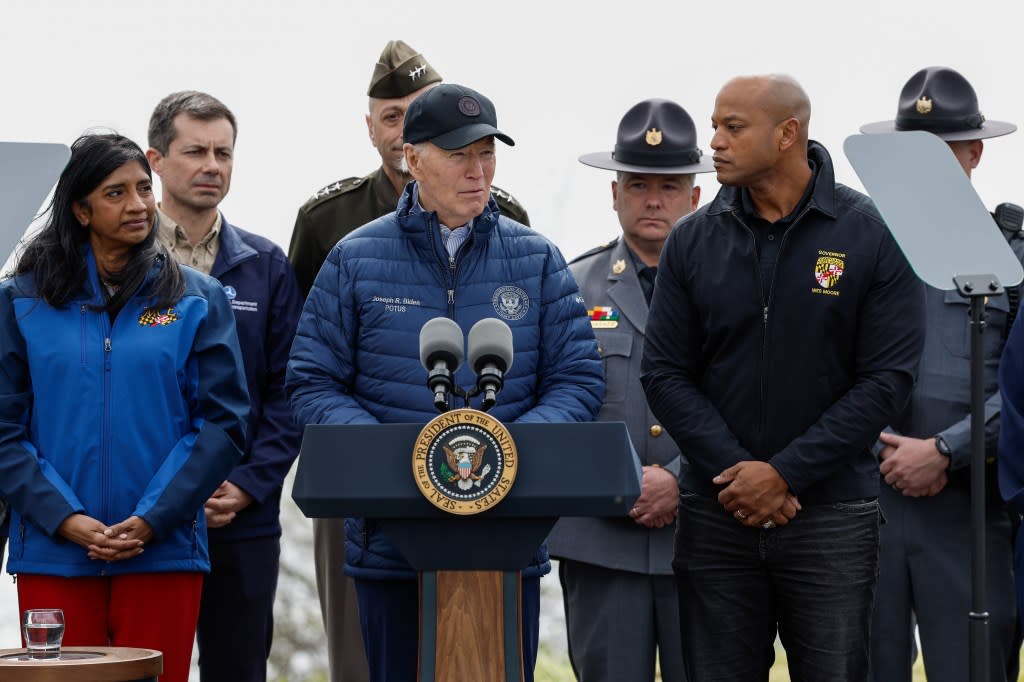 BALTIMORE, MARYLAND – APRIL 05: U.S. President Joe Biden delivers remarks at the Maryland Transportation Authority Police Headquarters, near the site of the collapsed Francis Scott Key Bridge, on April 05, 2024 in Baltimore, Maryland. The bridge collapsed after being struck by the 984-foot cargo ship Dali at 1:30 AM on March 26. President Biden traveled to Baltimore for an aerial tour of the salvage operation of the bridge and to meet with families of the six victims who were working to repair potholes on the bridge when it collapsed. (Photo by Anna Moneymaker/Getty Images)