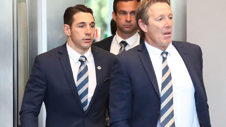 Billy Slater arrives with Craig Bellamy ahead of his judiciary hearing. (Photo by Mark Metcalfe/Getty Images)