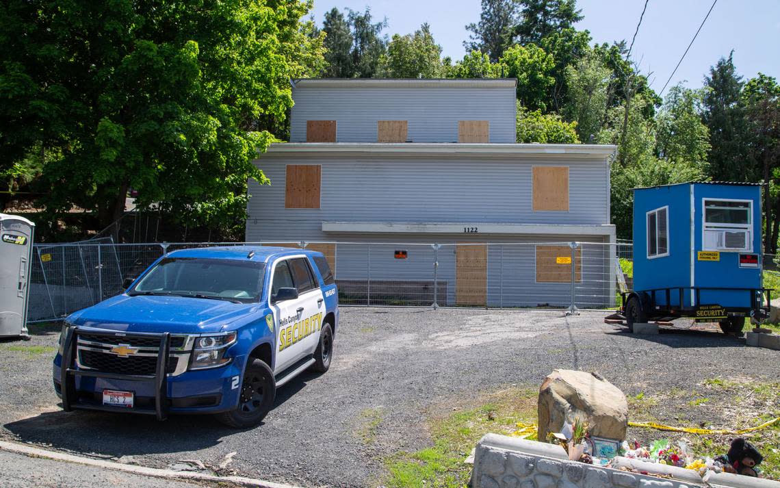 A Hells Canyon Security vehicle sits outside the King Road house in June 2023. The University of Idaho took ownership of the house in February 2023 until demolishing it on Dec. 28, 2023.