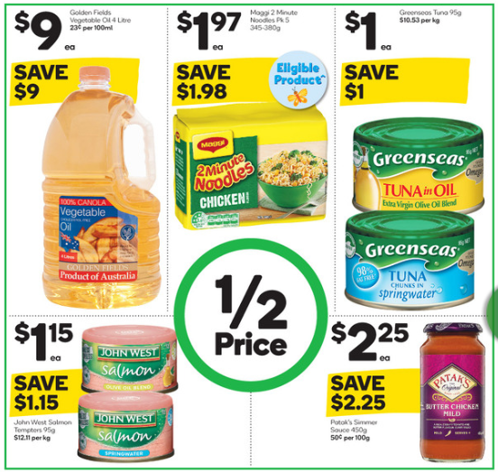 Cooking oil, noodles, tuna, salmon and simmer sauce selling for half-price at Woolworths.