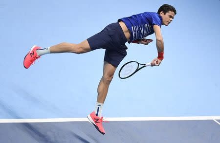 Britain Tennis - Barclays ATP World Tour Finals - O2 Arena, London - 13/11/16 Canada's Milos Raonic in action during his round robin match with France's Gael Monfils Action Images via Reuters / Tony O'Brien Livepic