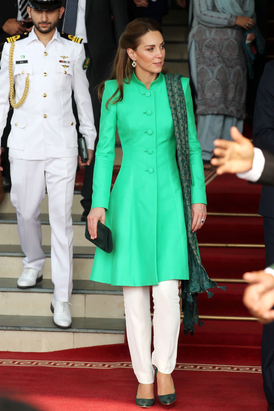 <p>The Duchess of Cambridge at the residence of Pakistan's Prime Minister, Imran Khan. She wore a coat dress by Catherine Walker. </p>