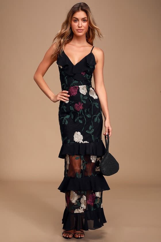 16) True to Heart Black Floral Embroidered Maxi Dress