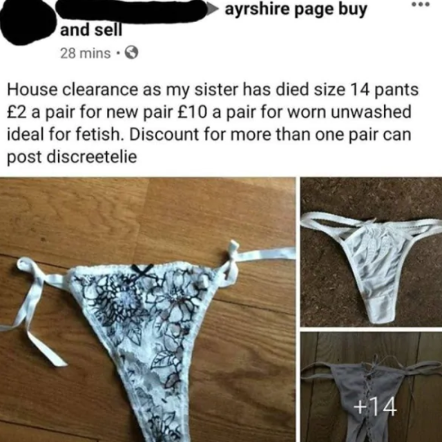 Outrage as man sells his dead sister's dirty knickers on Facebook