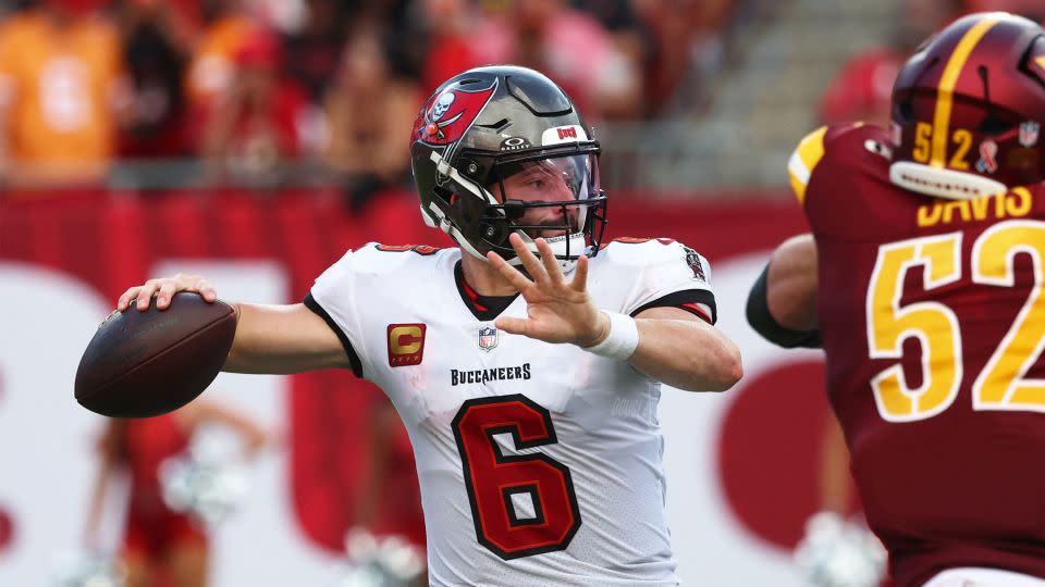 Mayfield throws the ball against the Washington Commanders. - Kim Klement Neitzel/USA Today/Reuters