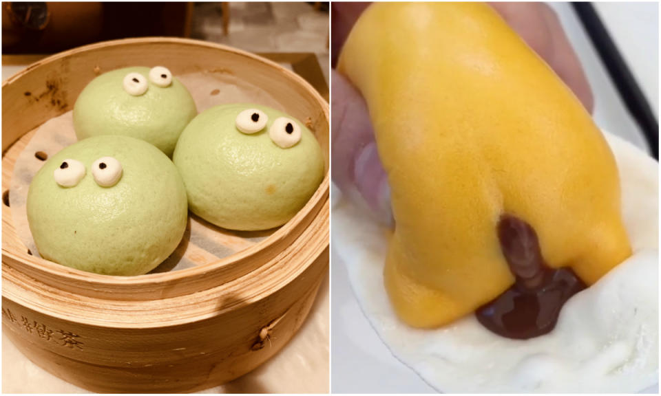 Yum Cha Restaurant’s custard buns (left) can be made to look like they’re puking custard, while Dim Sum Icon’s Gudetama buns (right) can be made to look they’re pooping. (Photos: Teng Yong Ping/Yahoo Lifestyle Singapore, Instagram)