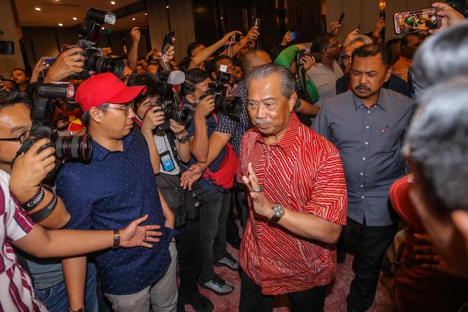 PPBM today announced that it is nominating party president Tan Sri Muhyiddin Yassin (centre) as the next prime minister of Malaysia. — Picture by Hari Anggara