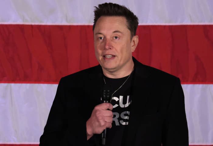 Elon Musk holding a microphone, standing in front of a large flag backdrop