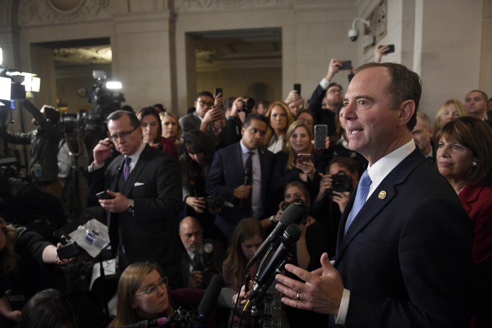 House Intelligence Committee Chairman Adam Schiff of Calif., speaks to reporters after the hearing with top U.S. diplomat in Ukraine William Taylor, and career Foreign Service officer George Kent, at the House Intelligence Committee ended on Capitol Hill in Washington, Wednesday, Nov. 13, 2019. (AP Photo/Susan Walsh)