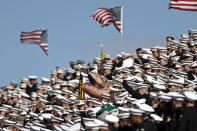 Army cadets cheer as they take on Wake Forest during the first half of an NCAA college football game Saturday, Oct. 23, 2021, in West Point, N.Y. (AP Photo/Adam Hunger)