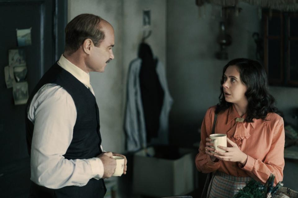 Liev Shreiber, left, plays Otto Frank, while Bel Powley, right, plays Miep Gies, who was an employee and friend of the Franks before the war (National Geographic for Disney/Martin Mlaka)
