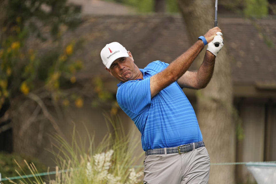 Stewart Cink follows his drive from the 18th tee of the Silverado Resort North Course during the final round of the Safeway Open PGA golf tournament, Sunday, Sept. 13, 2020, in Napa, Calif. Cink won the tournament after shooting a 7-under-par 65 to finish at total 21-under-par. (AP Photo/Eric Risberg)