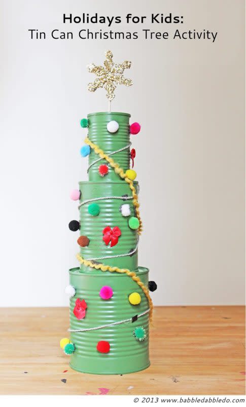 <p>Babble Dabble Do</p><p>The next time you use tin cans to cook a meal, save them so your cutie can make this festive craft by <em><a href="https://babbledabbledo.com/tin-can-christmas-tree-activity/?ref=pcrorganicgglunkwn&prid=pcseogglunkwn" rel="nofollow noopener" target="_blank" data-ylk="slk:Babble Dabble Do;elm:context_link;itc:0;sec:content-canvas" class="link rapid-noclick-resp">Babble Dabble Do</a></em>. They’ll love stacking them on top of one another!</p><p><strong>Related: <a href="https://parade.com/1104864/kelseypelzer/santa-jokes/" rel="nofollow noopener" target="_blank" data-ylk="slk:Santa Claus Is Comin' To Town—and He's Bringing With Him 50 of the Best Santa Jokes!;elm:context_link;itc:0;sec:content-canvas" class="link rapid-noclick-resp">Santa Claus Is Comin' To Town—and He's Bringing With Him 50 of the Best Santa Jokes!</a></strong></p>