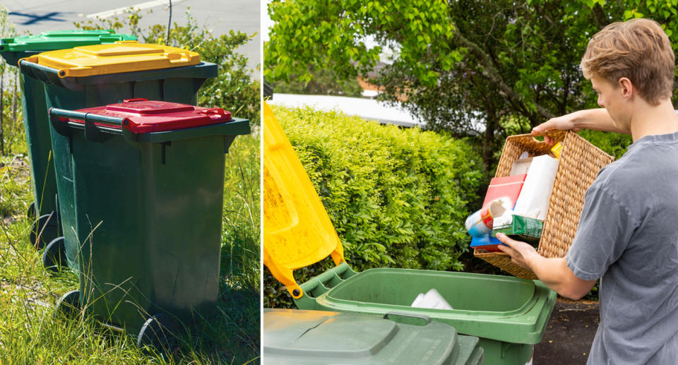 Three wheelie bins on a grassy kerb (left) and a man empties recycling into a wheelie bin (right).