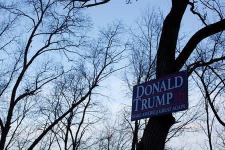 A sign in support for U.S. President Donald Trump's 2016 election campaign is attached to a tree in Endicott, New York, U.S., April 7, 2018. REUTERS/Andrew Kelly