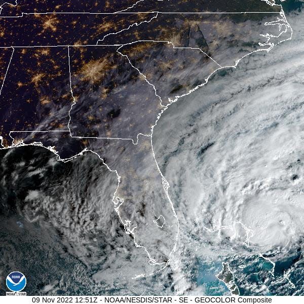 A GOES satellite view of a strengthening Tropical Storm Nicole.