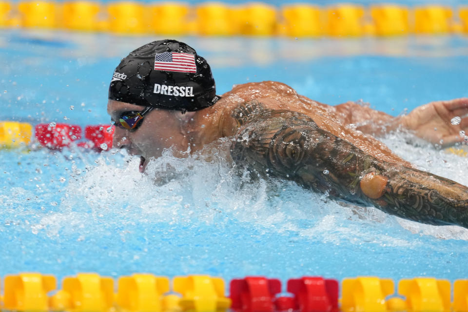 TOKYO, JAPAN - JULY 31:   Caeleb Dressel of Team United States competes in the Men's 100m Butterfly Final at Tokyo Aquatics Centre on July 31, 2021 in Tokyo, Japan. (Photo by Fred Lee/Getty Images)