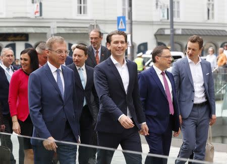 Austria's Chancellor Sebastian Kurz and Upper Austria governor Thomas Stelzer are on their way to a joint cabinet meeting with Bavaria's state government in Linz, Austria, June 20, 2018. REUTERS/Leonhard Foeger