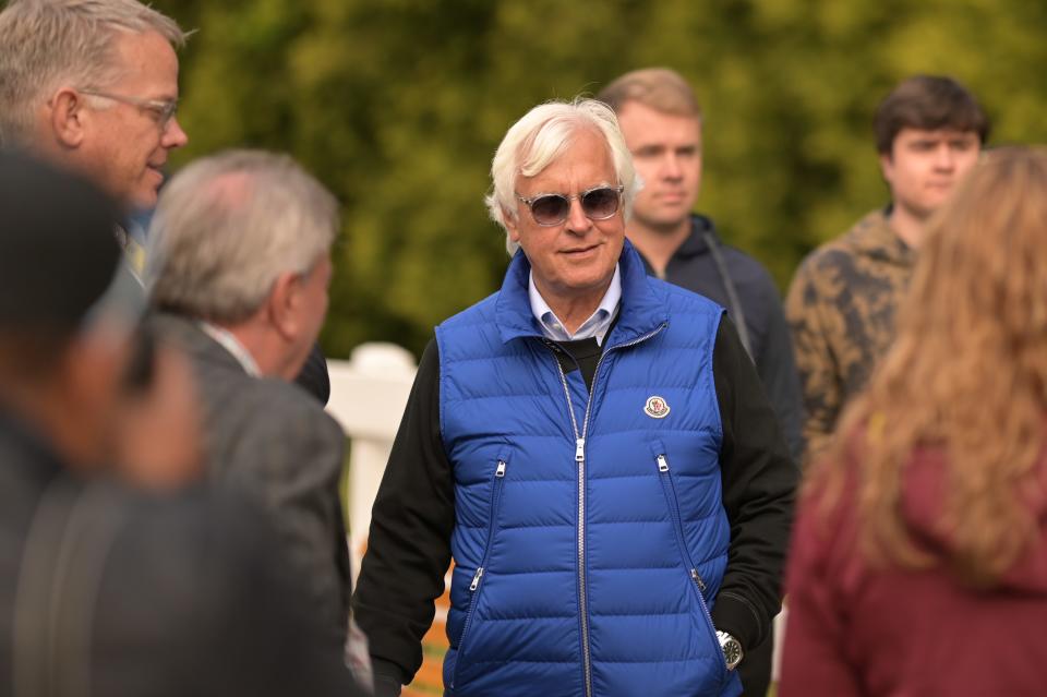 Bob Baffert walks near the Stakes Barn after morning workouts Friday, May 19, 2023, prior to the running of the Preakness Stakes at Pimlico Race Course in Baltimore.