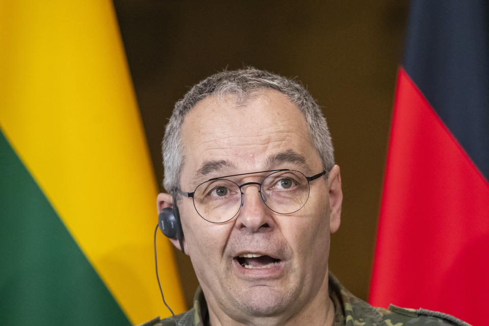 German Army Chief Lt. Gen. Alfons Mais speaks during a media joint conference with Lithuanian Chief of Defence Gen. Valdemaras Rupsys and Lithuanian Defense Minister Laurynas Kasciunas as members of the Headquarters initial command element of the Bundeswehr's 45th Brigade Lithuania arrival by plane at a airport in Vilnius, Lithuania, Monday, April 8, 2024. Germany has made a commitment to deploy a heavy brigade with three maneuver battalions and all necessary enablers, including combat support and provision units, to Lithuania. In total, approx. 5 thousand German military and civilian personnel are expected to move to Lithuania with families in stationing the Brigade. (AP Photo/Mindaugas Kulbis)