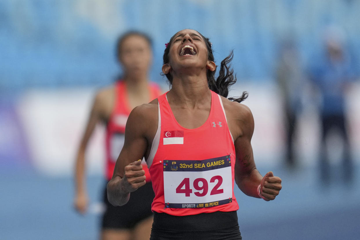 Singapore sprinter Shanti Pereira winning women's 200m final at the 2023 SEA Games in Cambodia. 