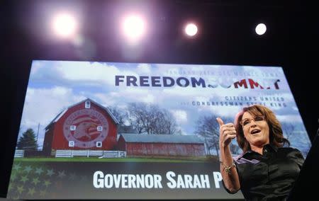 Former Governor of Alaska Sarah Palin arrives to speak at the Freedom Summit in Des Moines, Iowa, January 24, 2015. REUTERS/Jim Young