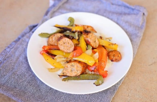 <p><a href="https://ohsnapletseat.com/2020/01/05/keto-sheet-pan-sausage-and-peppers/" rel="nofollow noopener" target="_blank" data-ylk="slk:Oh Snap Let's Eat;elm:context_link;itc:0;sec:content-canvas" class="link ">Oh Snap Let's Eat</a></p><p>Here is a great meal that’s healthy and easy to help keep you eating keto for the new year.</p><p><strong>Get the recipe: <a href="https://ohsnapletseat.com/2020/01/05/keto-sheet-pan-sausage-and-peppers/" rel="nofollow noopener" target="_blank" data-ylk="slk:Keto Sheet Pan Sausage and Peppers;elm:context_link;itc:0;sec:content-canvas" class="link ">Keto Sheet Pan Sausage and Peppers</a></strong></p>