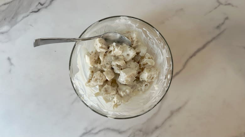 bowl with bread cubes and yogurt