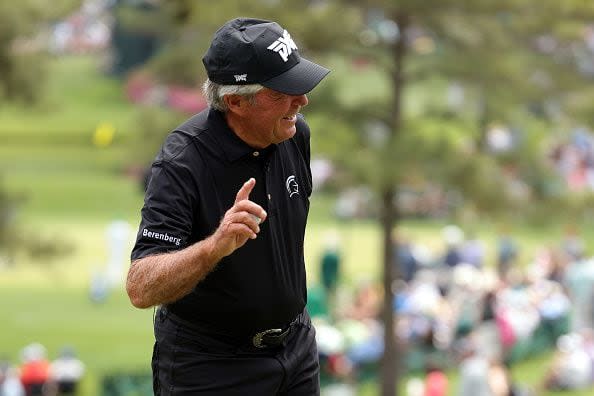 AUGUSTA, GEORGIA - APRIL 10: Gary Player of South Africa reacts on the second green during the Par Three Contest prior to the 2024 Masters Tournament at Augusta National Golf Club on April 10, 2024 in Augusta, Georgia. (Photo by Jamie Squire/Getty Images) (Photo by Jamie Squire/Getty Images)