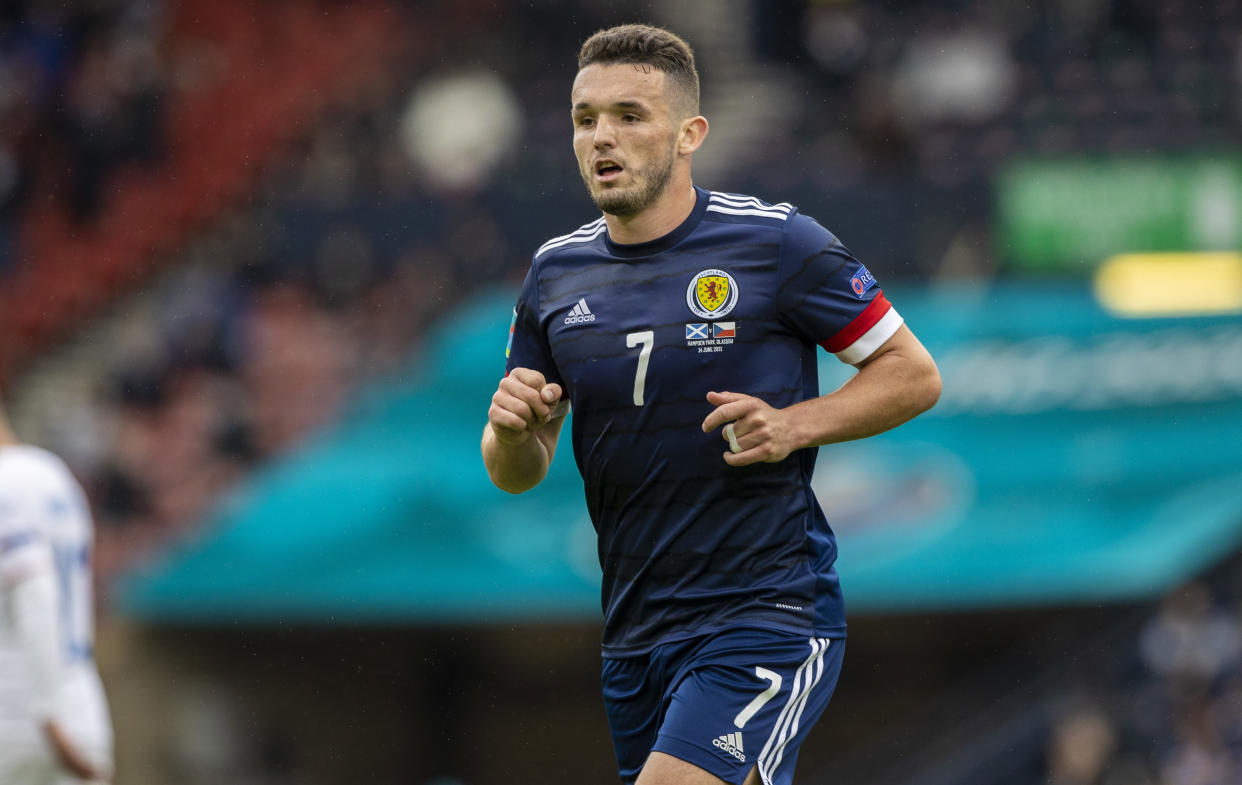 GLASGOW, SCOTLAND - JUNE 14: John McGinn in action for Scotland during a Euro 2020 match between Scotland and Czech Republic at Hampden Park on June 14, 2021, in Glasgow, Scotland. (Photo by Craig Williamson/SNS Group via Getty Images)