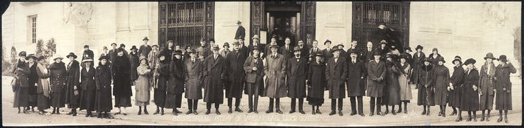 <span class="caption">Staff at the first International Labour Conference in 1919 in Washington.</span> <span class="attribution"><a class="link " href="https://en.wikipedia.org/wiki/International_Labour_Organization#/media/File:1919-ILC-secretariatstaff.jpg" rel="nofollow noopener" target="_blank" data-ylk="slk:Schutz Group Photographers (Washington, D.C.) - US Library of Congress via Wikimedia Commons;elm:context_link;itc:0;sec:content-canvas">Schutz Group Photographers (Washington, D.C.) - US Library of Congress via Wikimedia Commons</a></span>