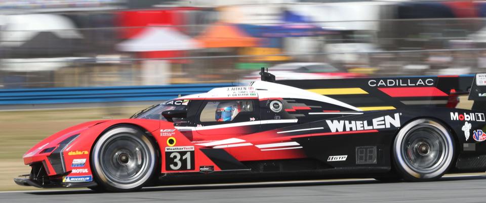 The No. 31 Cadillac V-LMDh flies through the infield, Friday January 20, 2023 during the first practice session during the Roar Before the 24 at Daytona International Speedway.