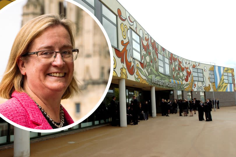 Merchants Academy in Withywood with, inset, Evelyn Welch, the vice-chancellor of the University of Bristol, the co-sponsor of the Venturers Trust, which runs the school