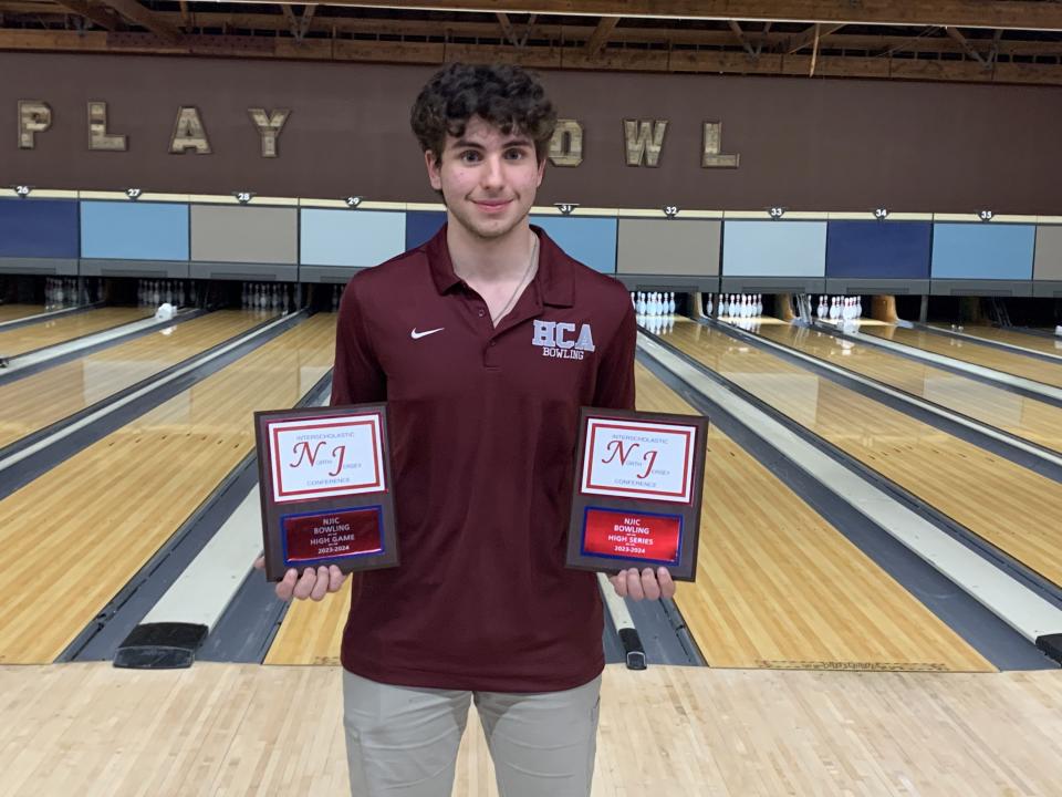 NJIC bowling tournament at Parkway Lanes in Elmwood Park on Thursday, Feb. 22, 2024. Joey Betz of Hawthorne Christian won the individual high game (258) and high series (629) awards at the tournament after leading the Defenders to their first-ever division title.