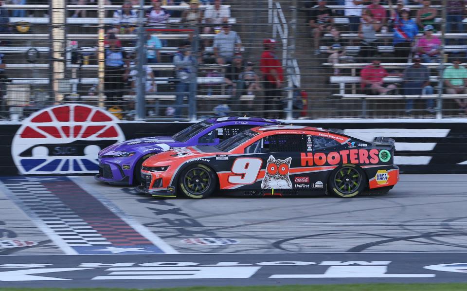 Apr 14, 2024; Fort Worth, Texas, USA; NASCAR Cup Series driver Denny Hamlin (11) and driver Chase Elliott (9) during the NASCAR Cup Series AutoTrader EchoPark 400 at Texas Motor Speedway. Mandatory Credit: Michael C. Johnson-USA TODAY Sports