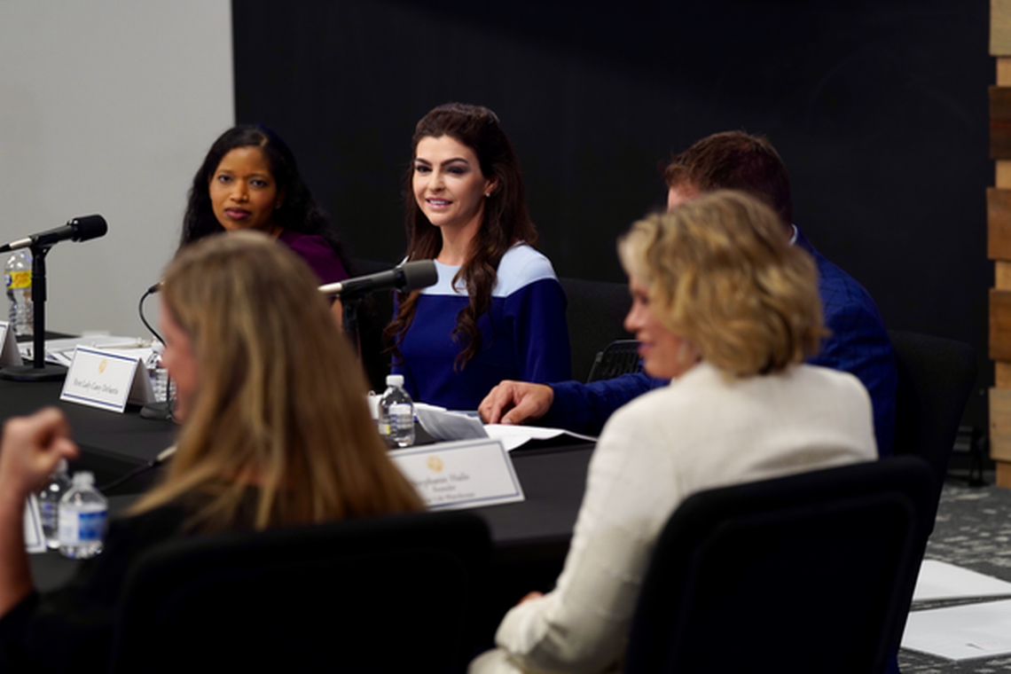 First Lady Casey DeSantis talks during a roundtable about how the state is working to support Florida’s foster and adoptive families in Tampa on Friday, July 15, 2022. Through the Hope Florida — A Pathway to Prosperity initiative, about 59,000 families will receive a one-time, $450-per-child check.