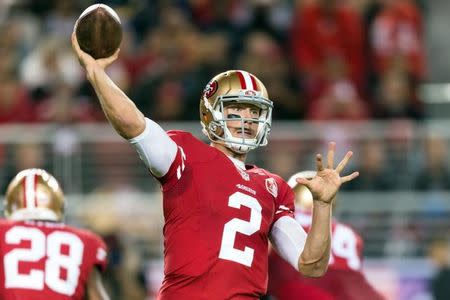 Sep 12, 2016; Santa Clara, CA, USA; San Francisco 49ers quarterback Blaine Gabbert (2) passes against the Los Angeles Rams in the first quarter at Levi's Stadium. Mandatory Credit: John Hefti-USA TODAY Sports