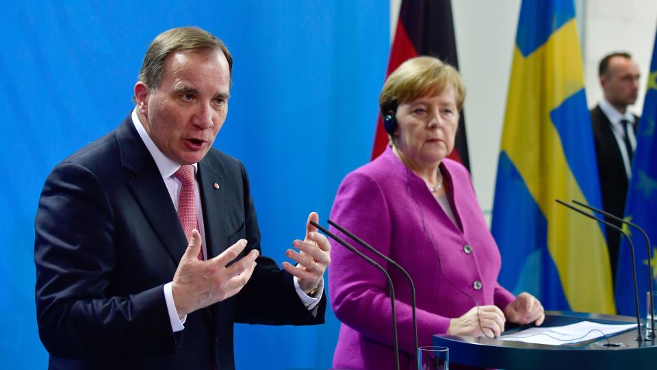 German Chancellor Angela Merkel and Sweden's Prime Minister Stefan L&ouml;fven give a joint press conference on March 16, 2018 in Berlin. (Photo: JOHN MACDOUGALL via Getty Images)