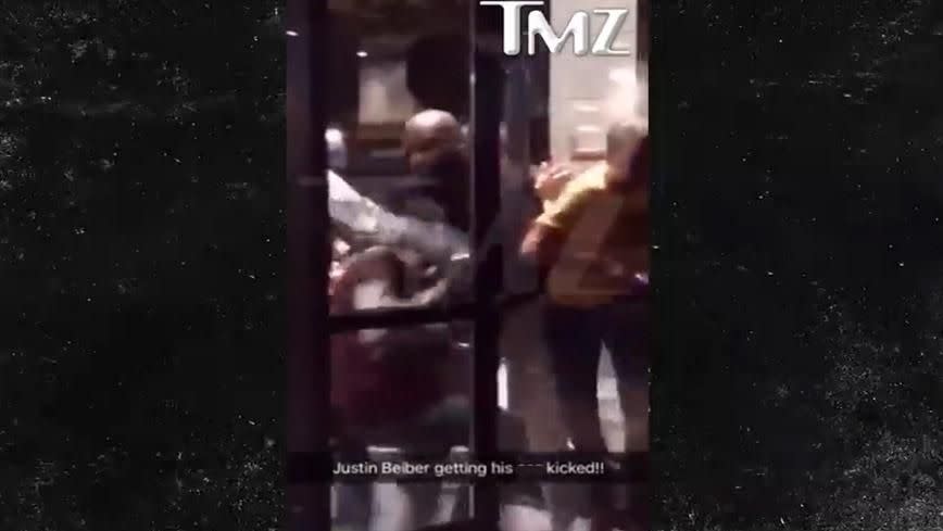 The video ends with Justin pummelled to the floor. Source: TMZ