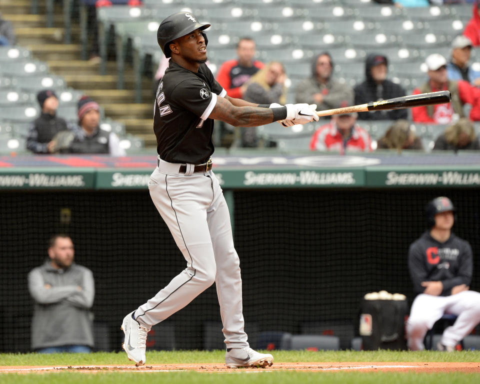 CLEVELAND - SEPTEMBER 23:  Tim Anderson #7 of the Chicago White Sox hits a solo home run in the first inning during the first game of a doubleheader against the Cleveland Indians on September 23, 2021 at Progressive Field in Cleveland, Ohio. (Photo by Ron Vesely/Getty Images)