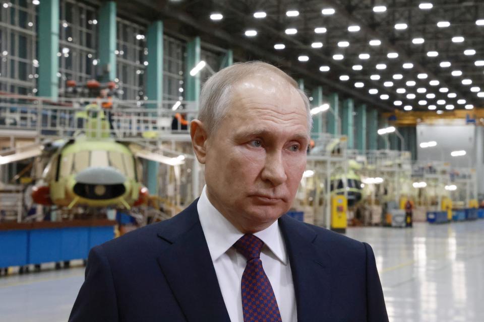 Russian President Vladimir Putin speaks to employees of the Ulan-Ude Aviation Plant, a part of the Rostec's Russian Helicopters manufacturing company in Ulan-Ude, Republic of Buryatia, eastern Russia, Tuesday, March 14, 2023. (Vladimir Gerdo, Sputnik, Kremlin Pool Photo via AP)