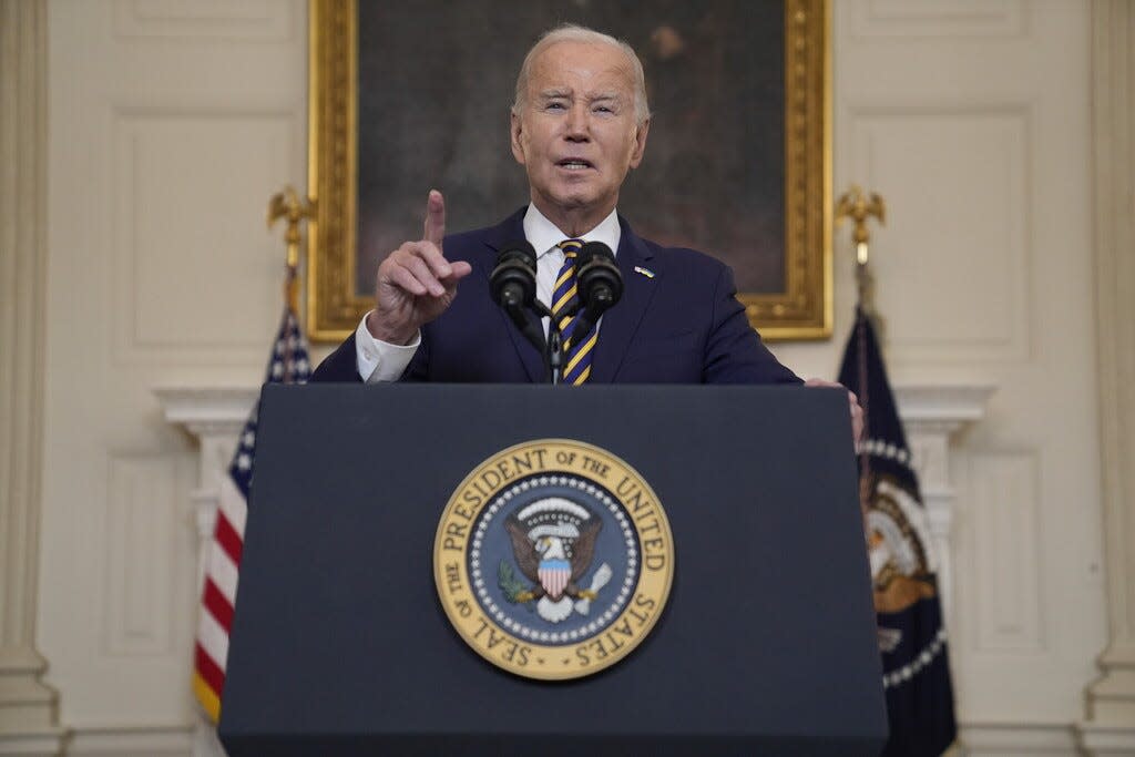 President Joe Biden delivers remarks on the Emergency National Security Supplemental Appropriations Act in the State Dining Room of the White House, Tuesday, Feb. 6, 2024, in Washington. (AP Photo/Evan Vucci) ORG XMIT: DCEV234