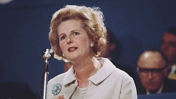 Margaret Thatcher speaks from the platform at the Tory Party annual conference in Brighton, England in October 1967. Photo from Getty Images.